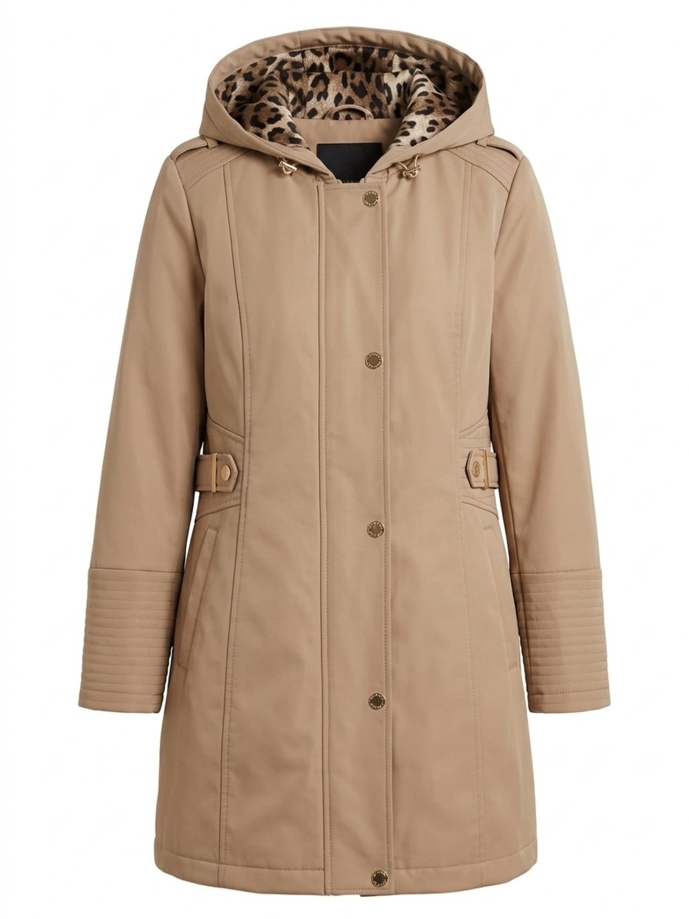 Via Spiga Tan Hooded Trench Coat with Leopard-Print Lining